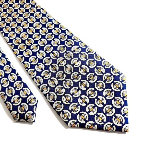Mark Shale Blue Yellow Geometric Print Wide Silk Tie - Picture 1 of 7